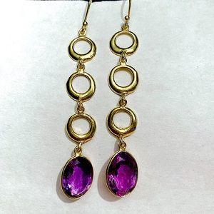 Oval Bezel Amethyst Open Circle Dangle Drop Vermeil Sterling Earrings 2.5" NEW